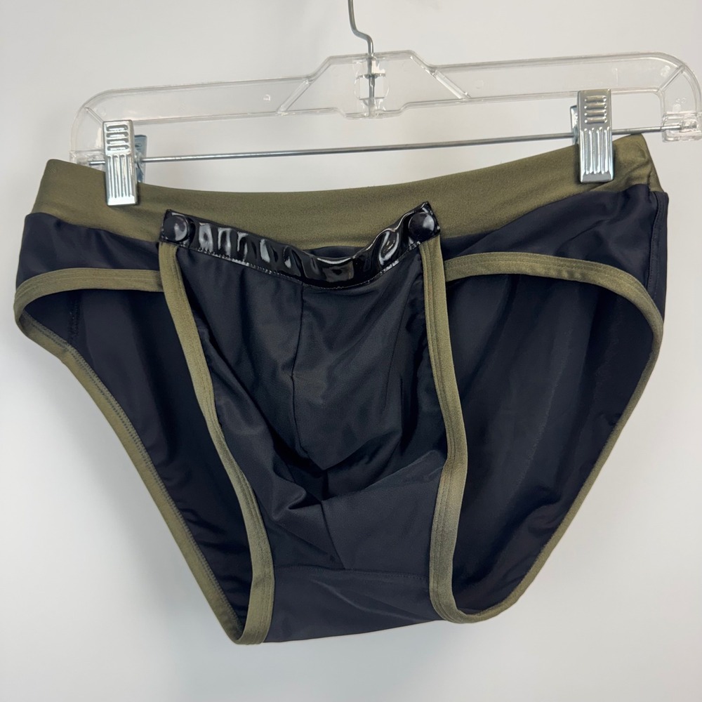 Modus Vivendi Mens Snap Front Pouch Swim Briefs Olive Green Black XL Made Greece
